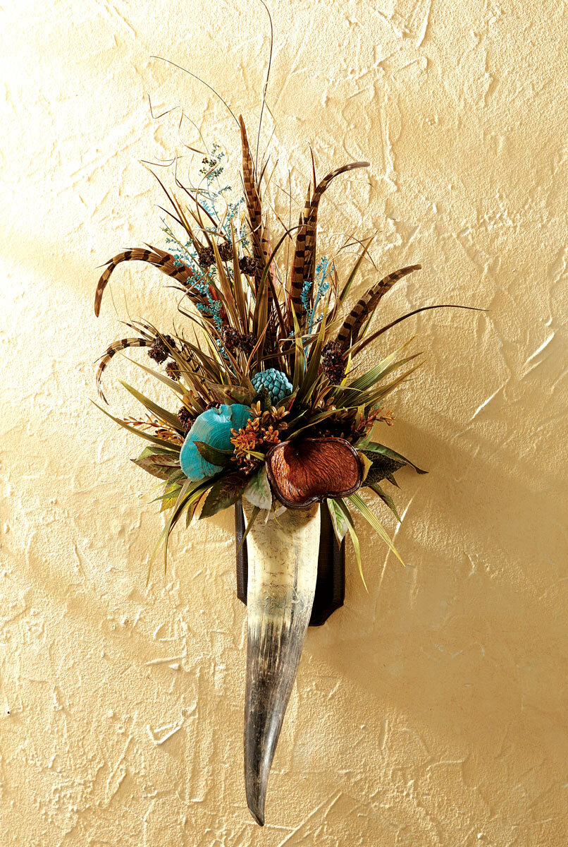 Floral & Pheasant Feathers Horn Wall Hanging - 15W x 6-7d x 42H, Black Forest Decor